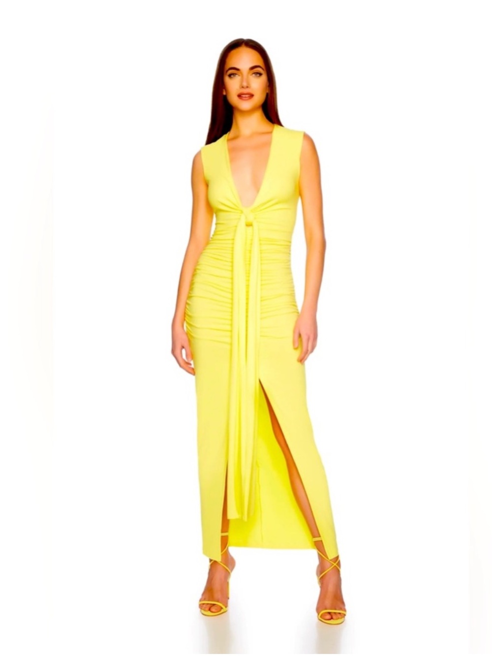 SUSANA MONACO • REVOLVE Yellow Gathered Tie Front Deep V Maxi Dress Size L NWT